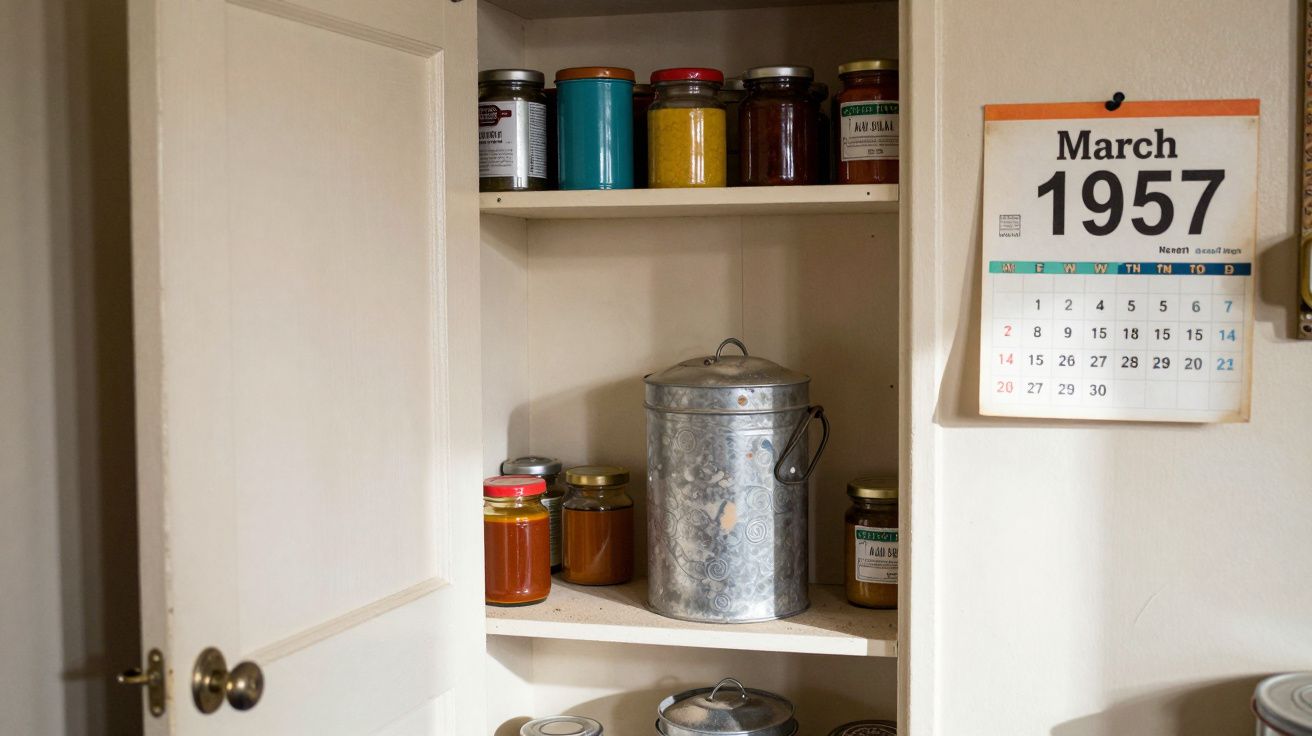 Open cupboard with jars and tin, March 1957 calendar on wall.