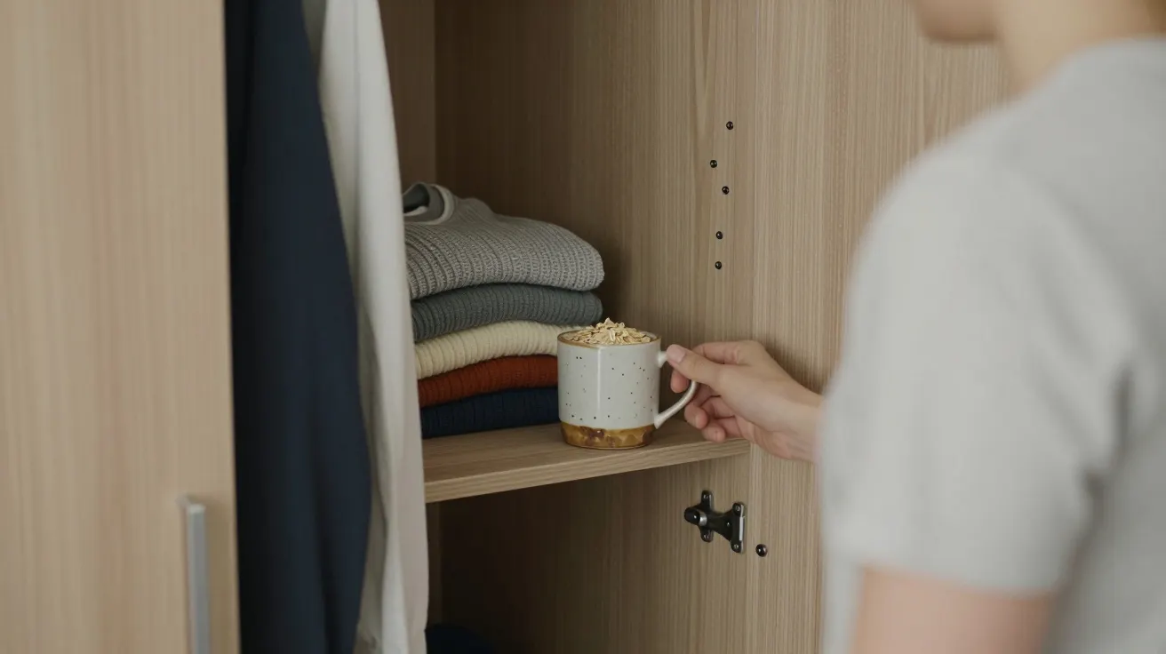 Person placing a mug topped with popcorn on a wardrobe shelf next to folded jumpers.