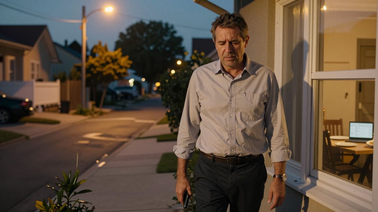 Man in a grey shirt walking on a suburban street at dusk, holding a phone, with houses and streetlights in the background.