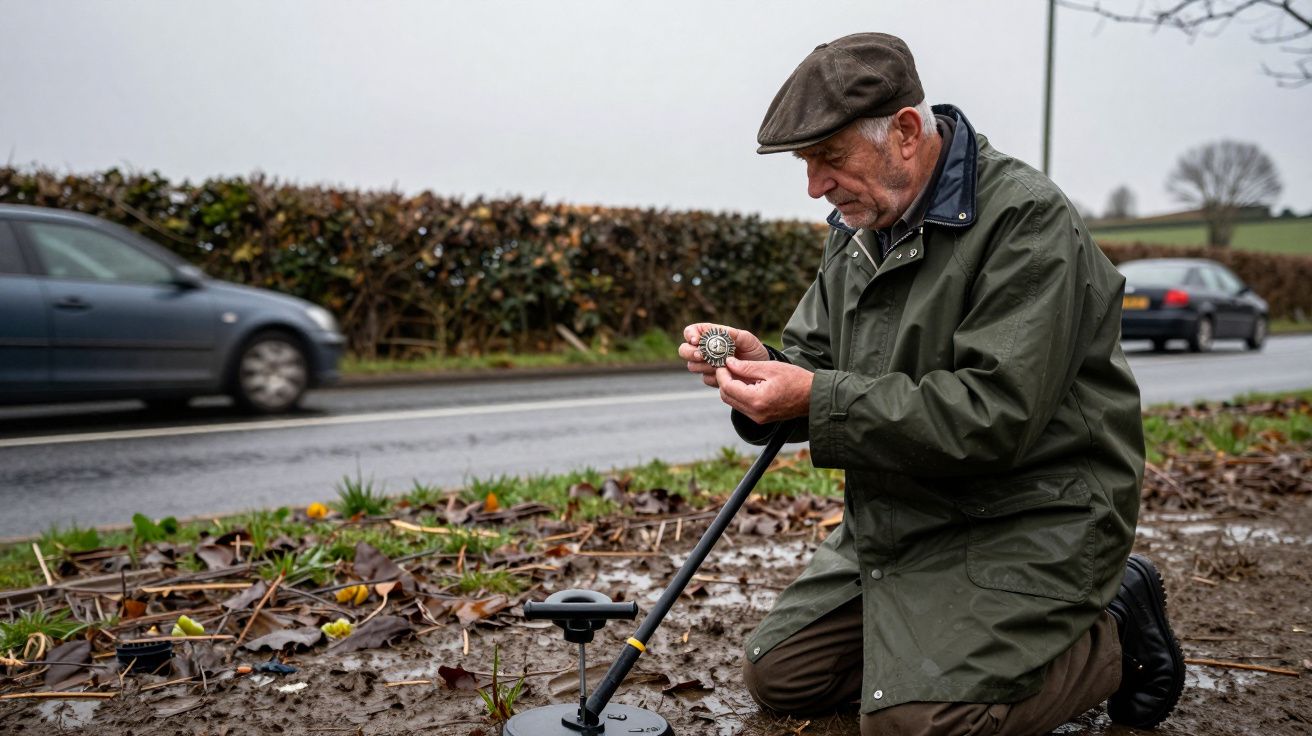 Man kneeling by road, examining object with metal detector on muddy ground.