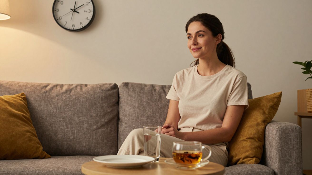 Woman sitting on a grey sofa with yellow cushions, smiling, next to a table with tea and water under a wall clock.