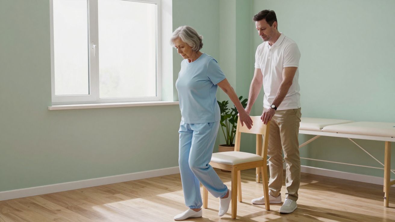 Elderly woman in light blue practising balance exercises with a male therapist in a pale green room.