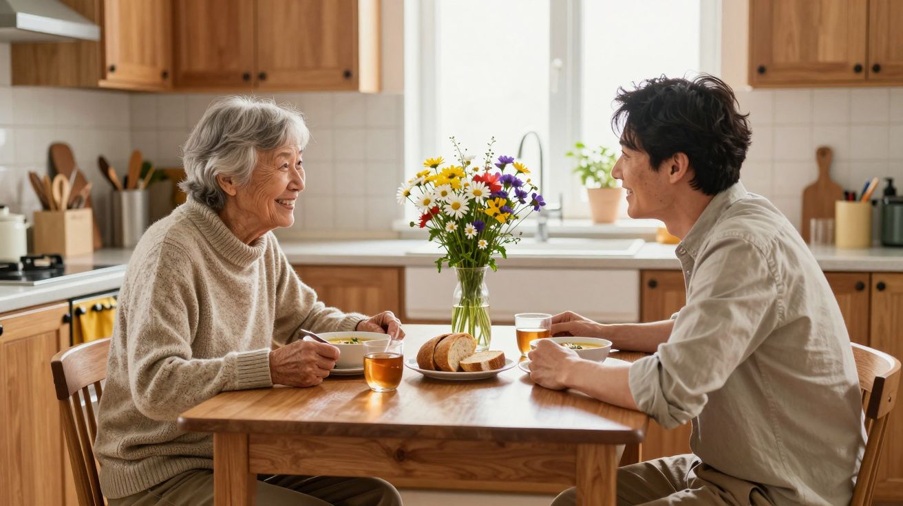 Older woman and younger man smiling over lunch in a cosy kitchen, with flowers on the table and warm sunlight streaming in.