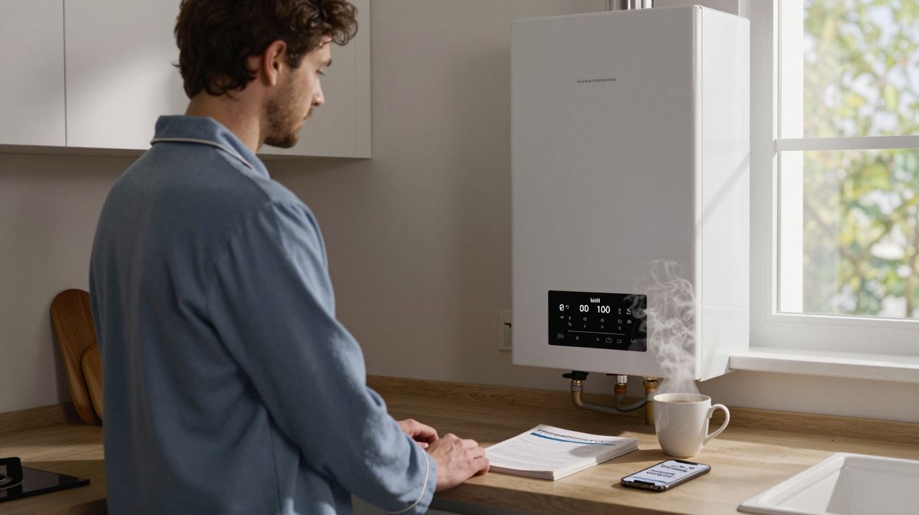 Man in blue robe reading instructions next to a boiler with a steaming cup and smartphone on the countertop.