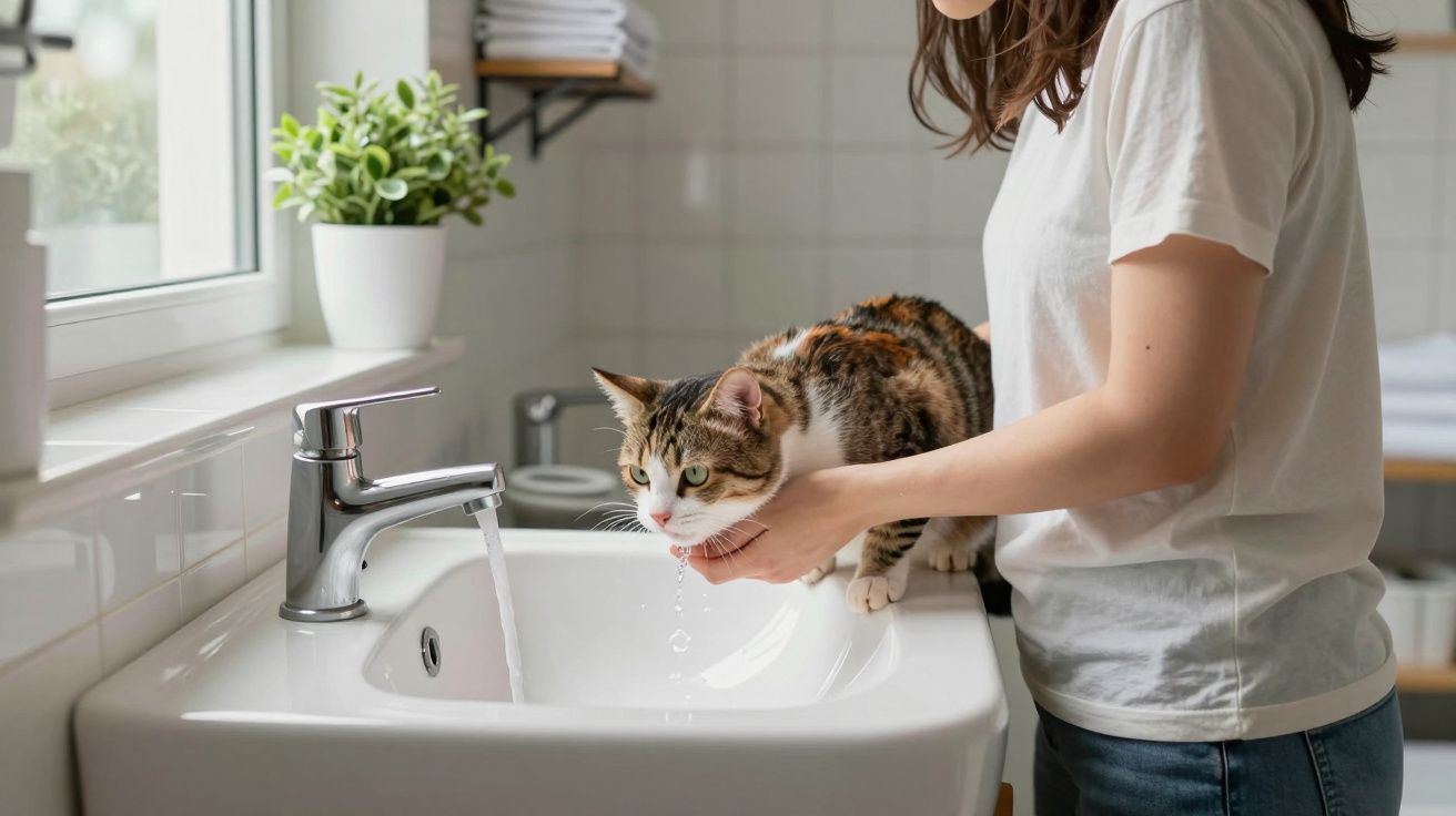 Woman helping tabby cat drink water from bathroom sink tap.
