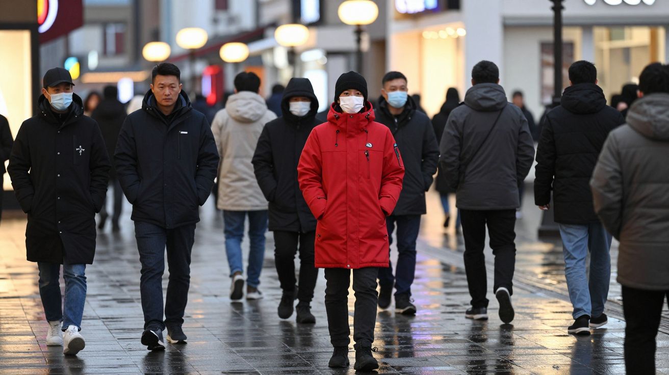 People walking in a city street, some wearing face masks, one in a red coat stands out.