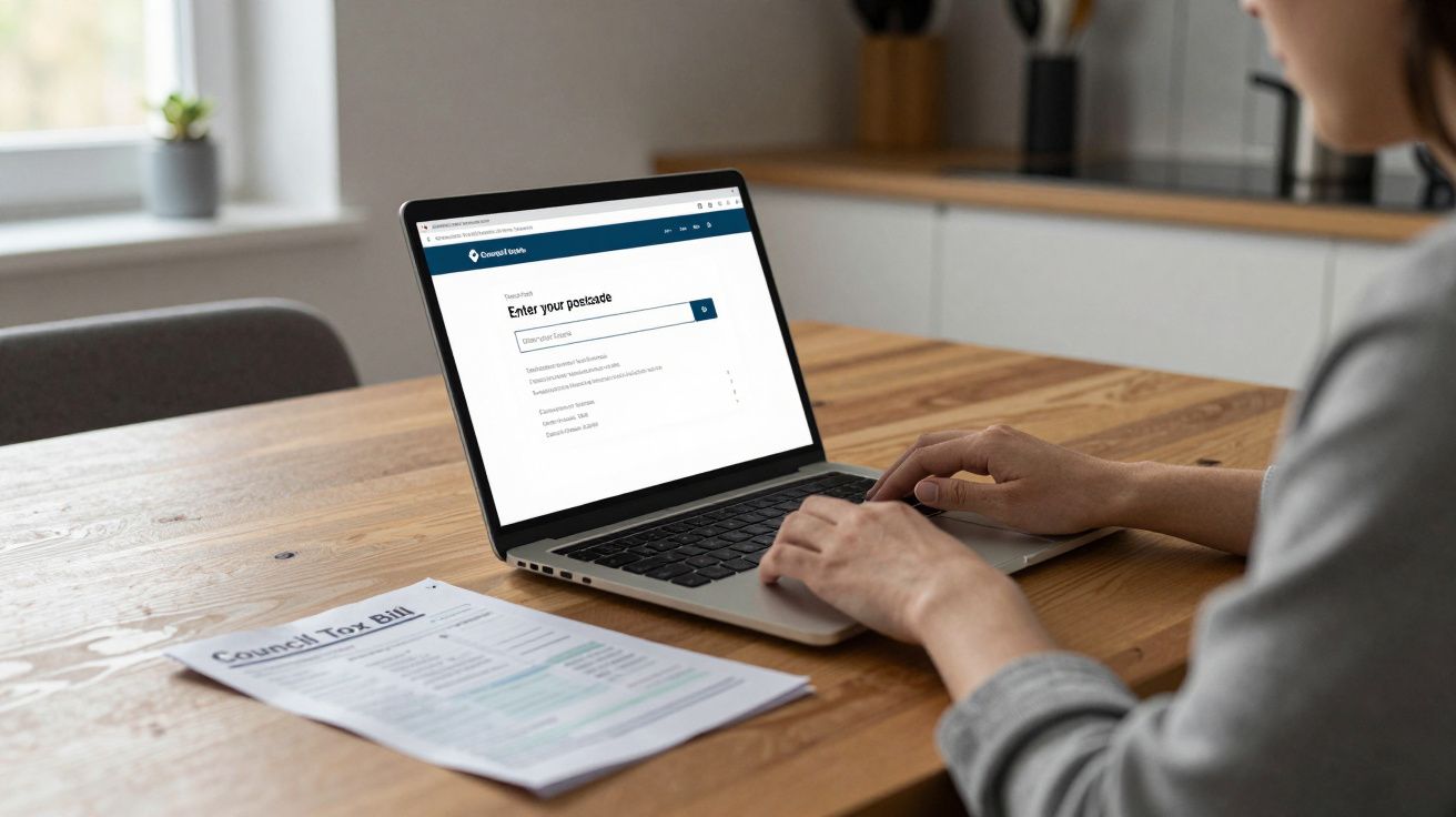 Person using a laptop at a wooden table, viewing a website. A council tax bill lies nearby.