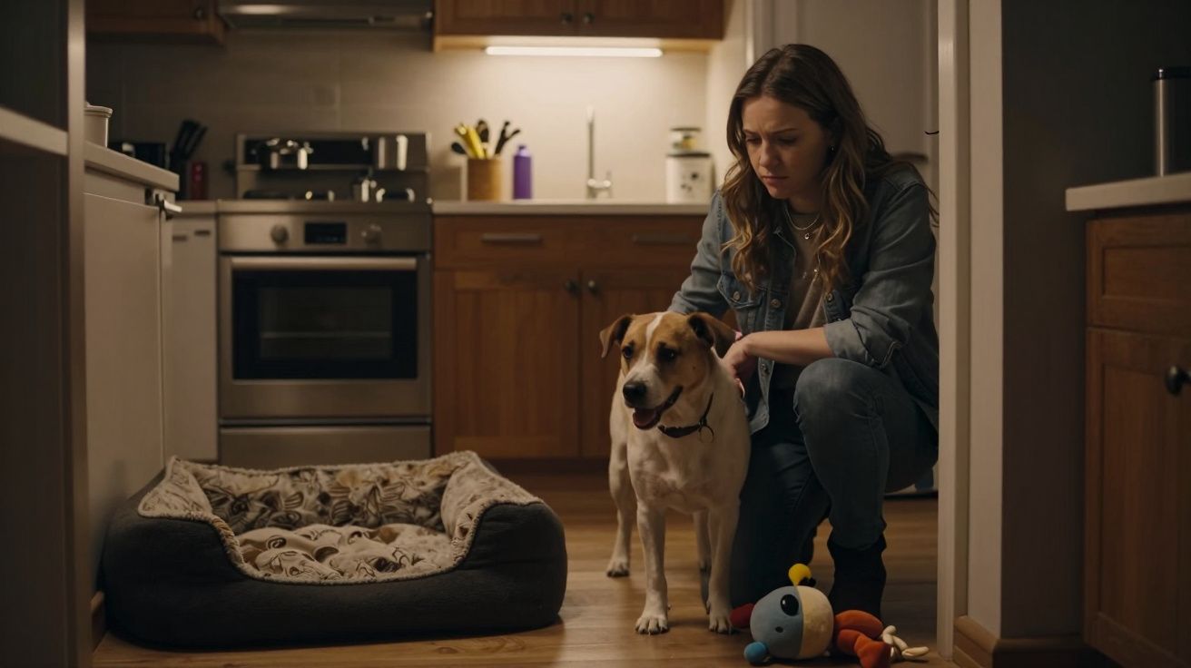 Woman kneeling beside a dog in a kitchen, with a dog bed and toys on the wooden floor.
