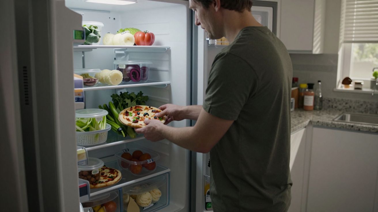Man placing pizza in a fridge filled with vegetables and drinks in a modern kitchen.