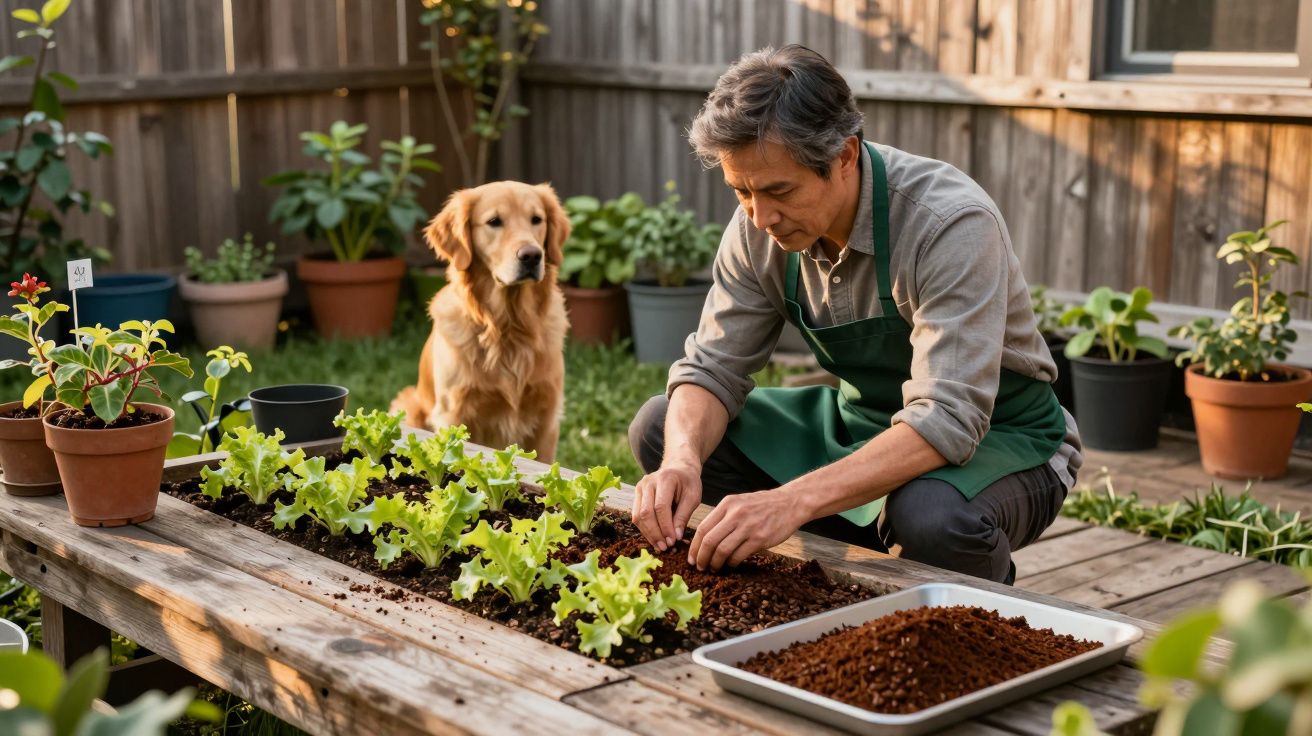 Man planting lettuce in a garden, watched by a golden retriever.