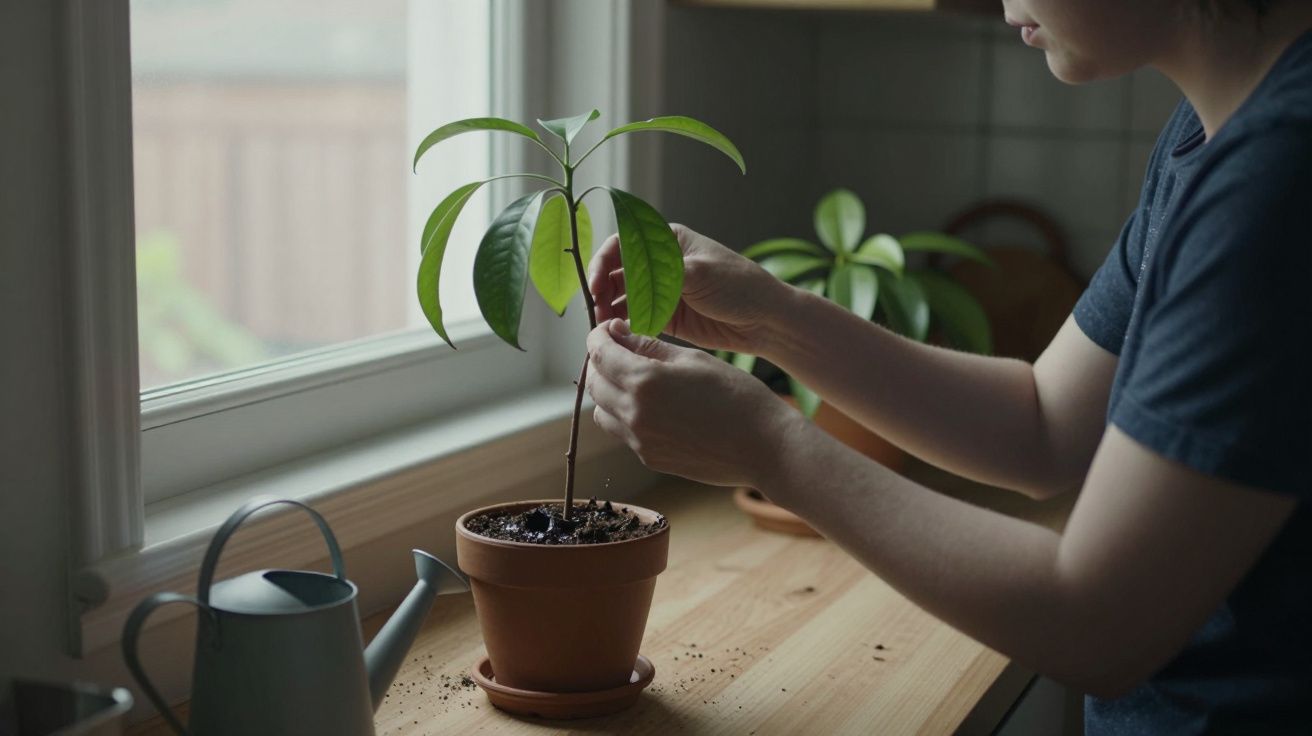Person tending to a potted plant by a window, with a watering can nearby on a wooden countertop.