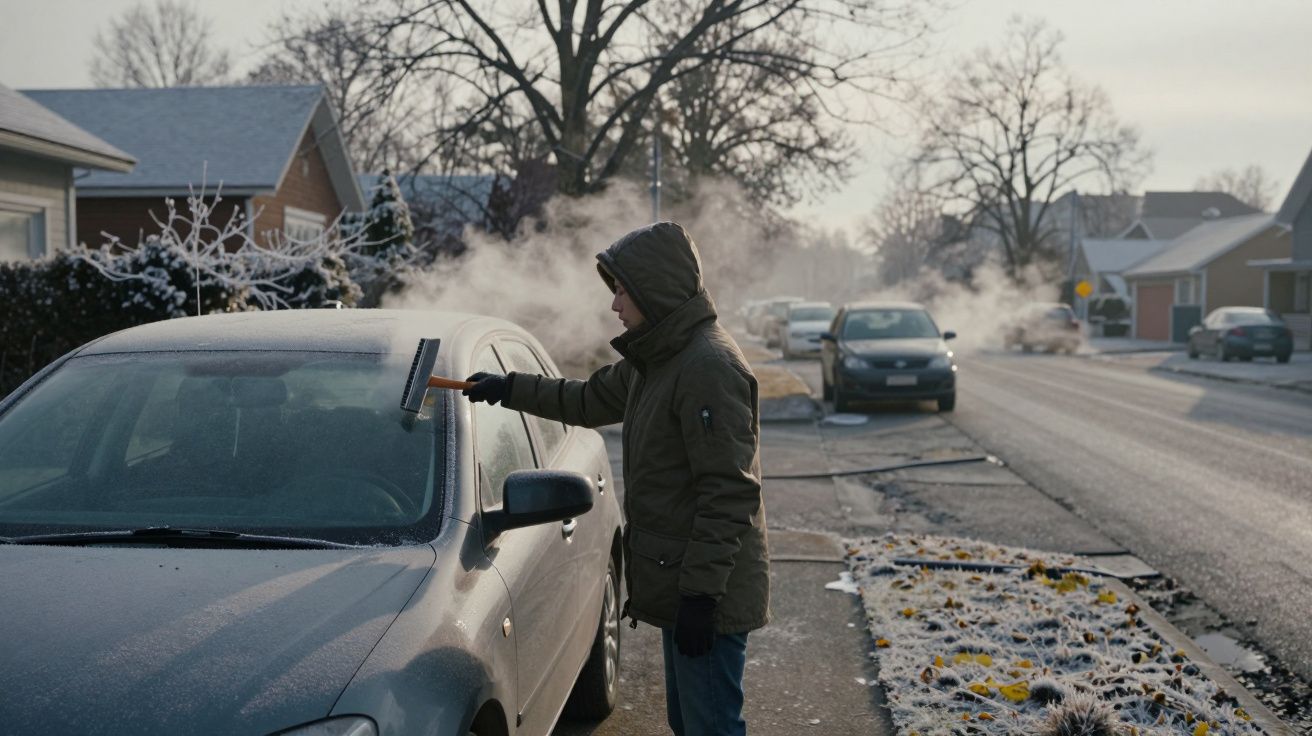 Person scraping ice off a car windscreen on a frosty suburban street, with steam rising from nearby vehicles.