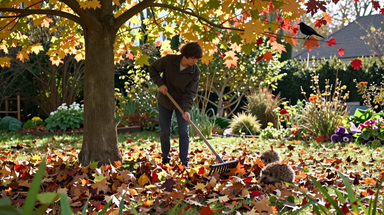 Person raking autumn leaves in a garden, with a dog playing nearby. Leaves display vibrant red, orange, and yellow hues.