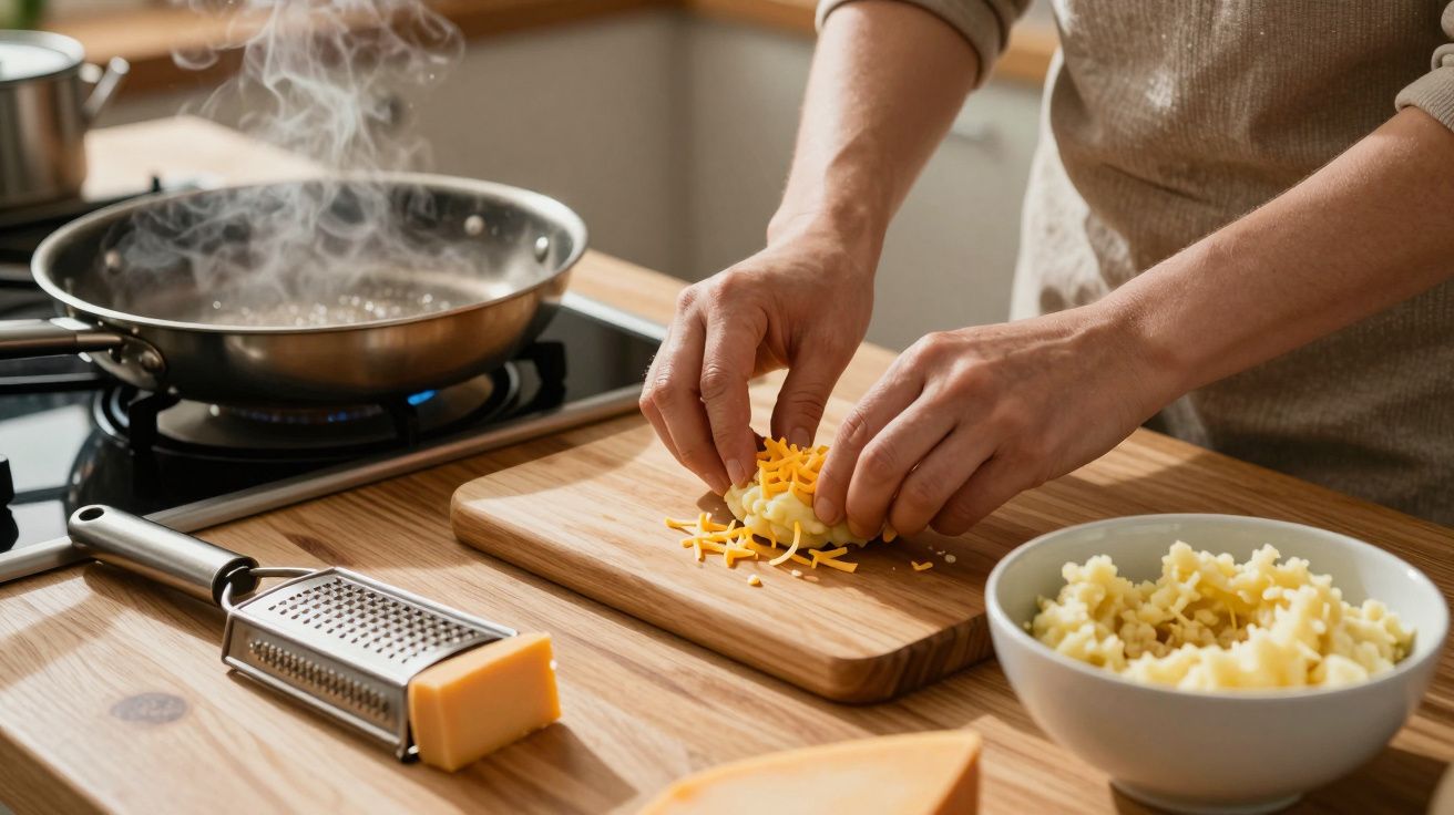 A person preparing cheese on a wooden board, with a steaming pan and a bowl of pasta nearby.
