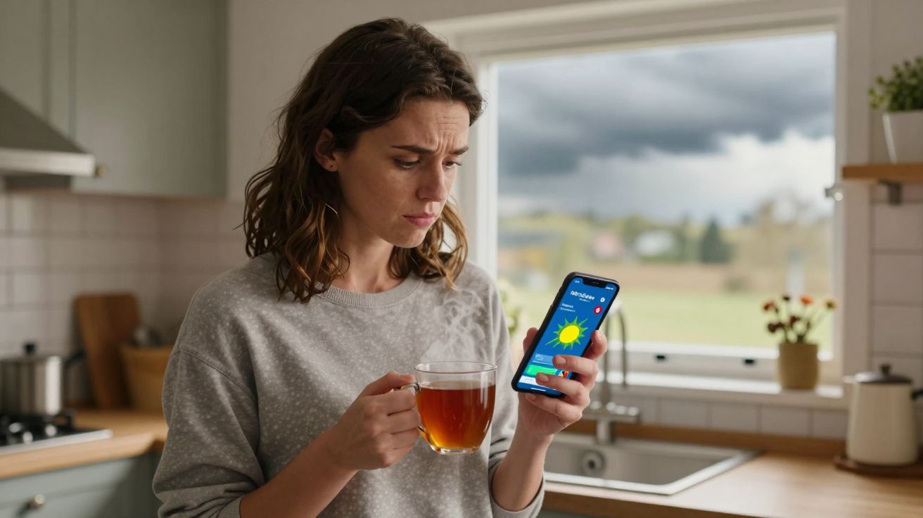 Woman holding tea and a phone showing sunny weather forecast, standing in kitchen near window with cloudy sky.