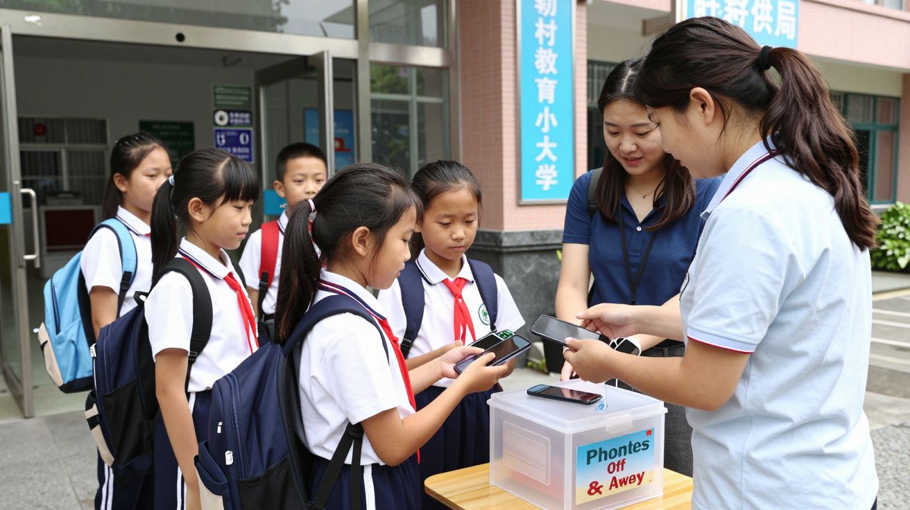 Students in uniform place phones in a box marked "Phones Off & Away" outside a school building.