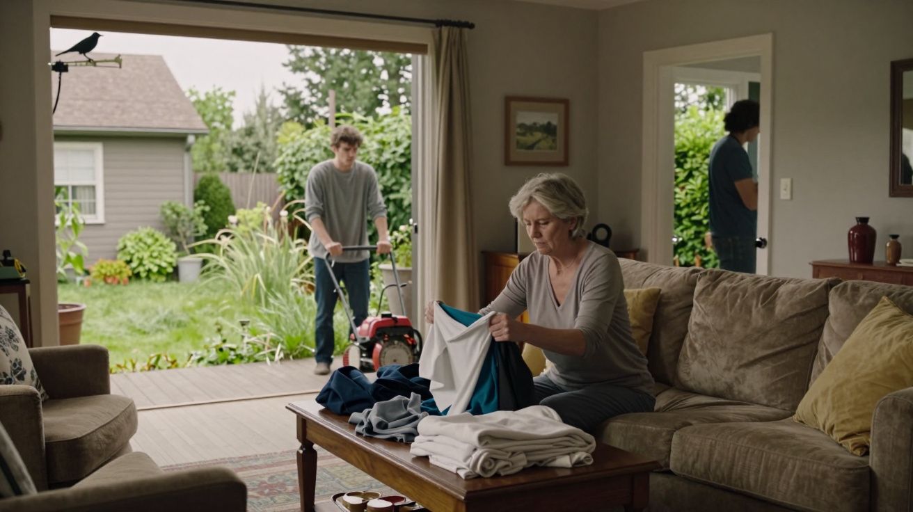 Woman folding laundry in living room, man mowing lawn outside, and another person entering through side door.