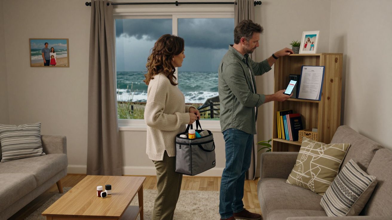 Couple in a living room checking a wall tablet, with a stormy sea visible through the window and a home medical kit nearby.
