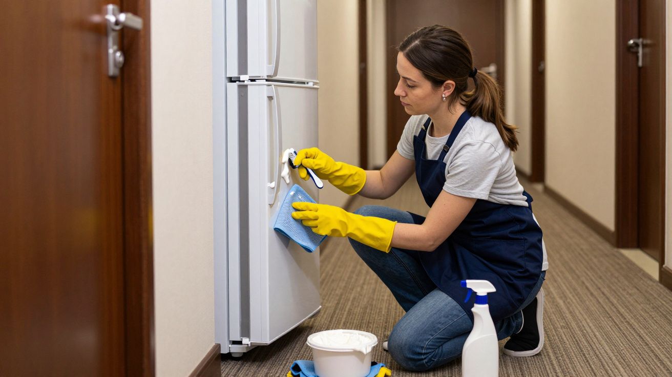 Woman kneeling in hallway cleaning a fridge with a cloth, wearing yellow gloves and a blue apron, cleaning products nearby.