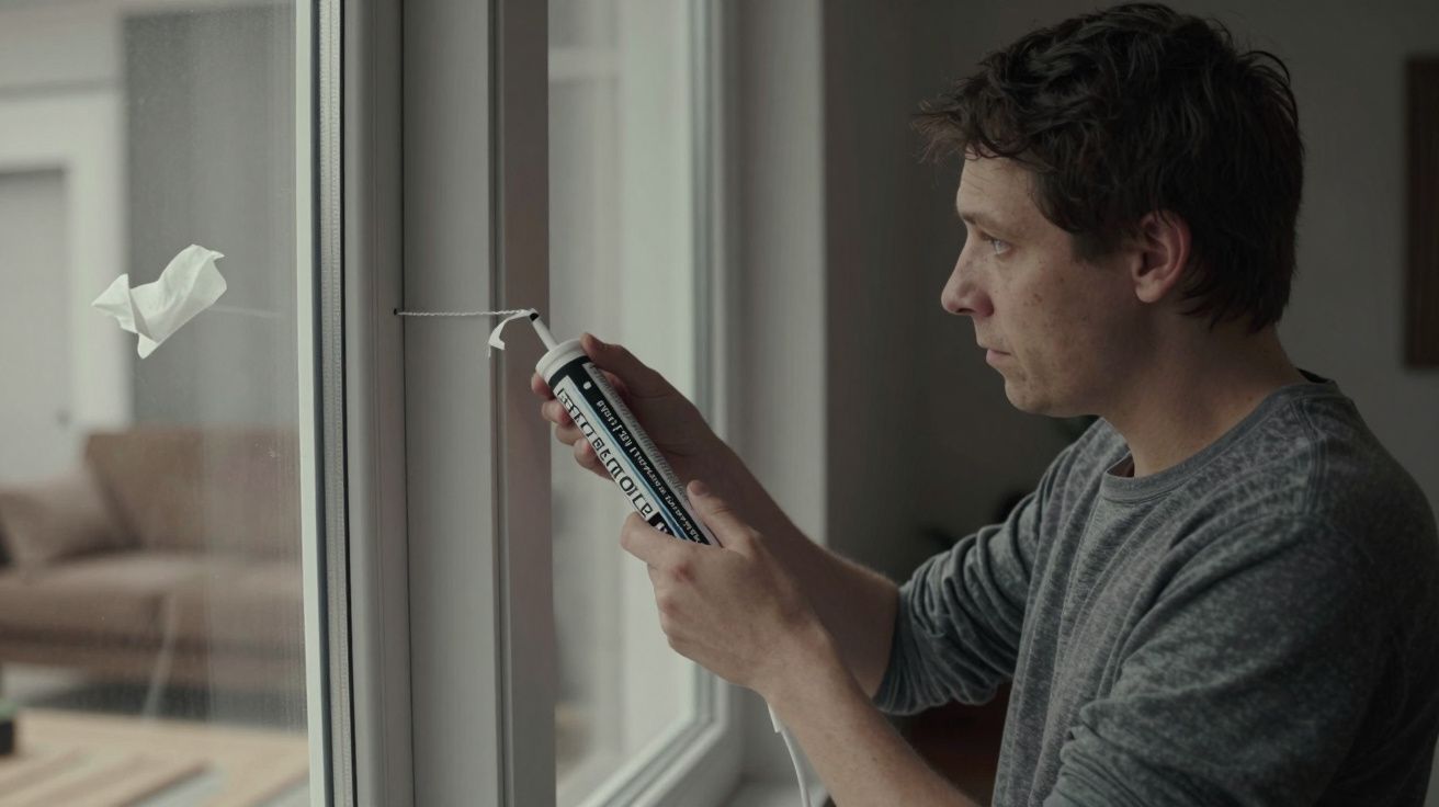 Man applying sealant to window frame indoors.