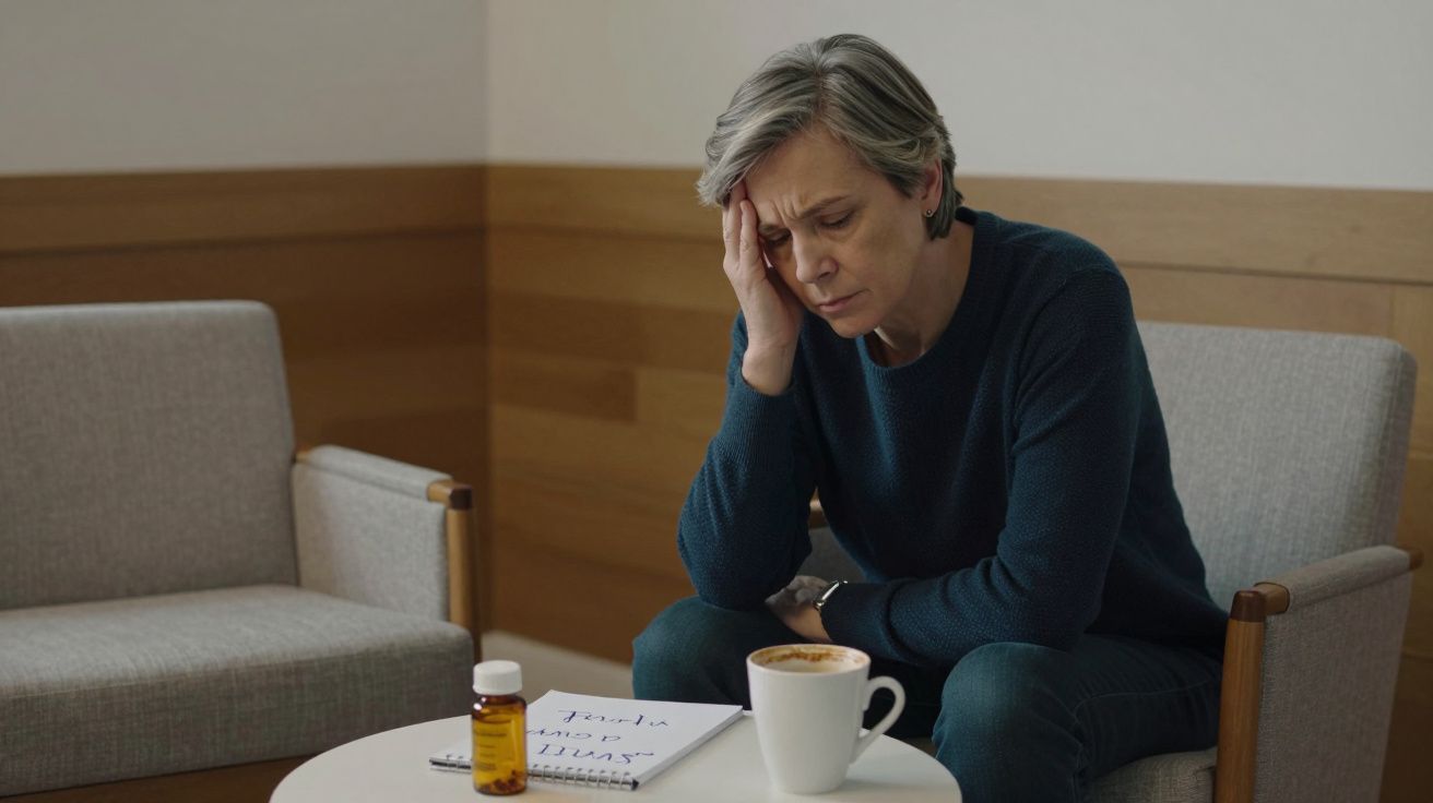 A person sits in a chair, looking pensive, with a cup of coffee and medication bottle on the table.