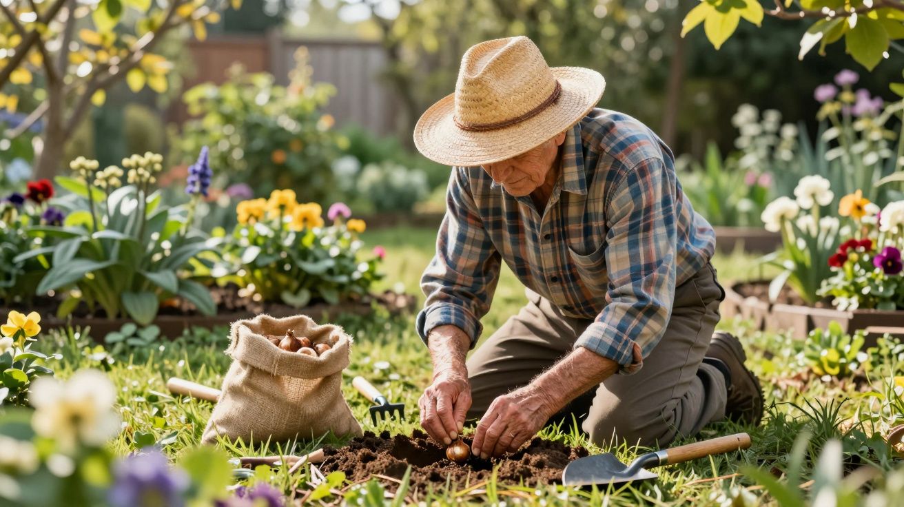 Elderly man in straw hat kneeling in garden, planting bulbs among colourful flowers, with tools and sack nearby.