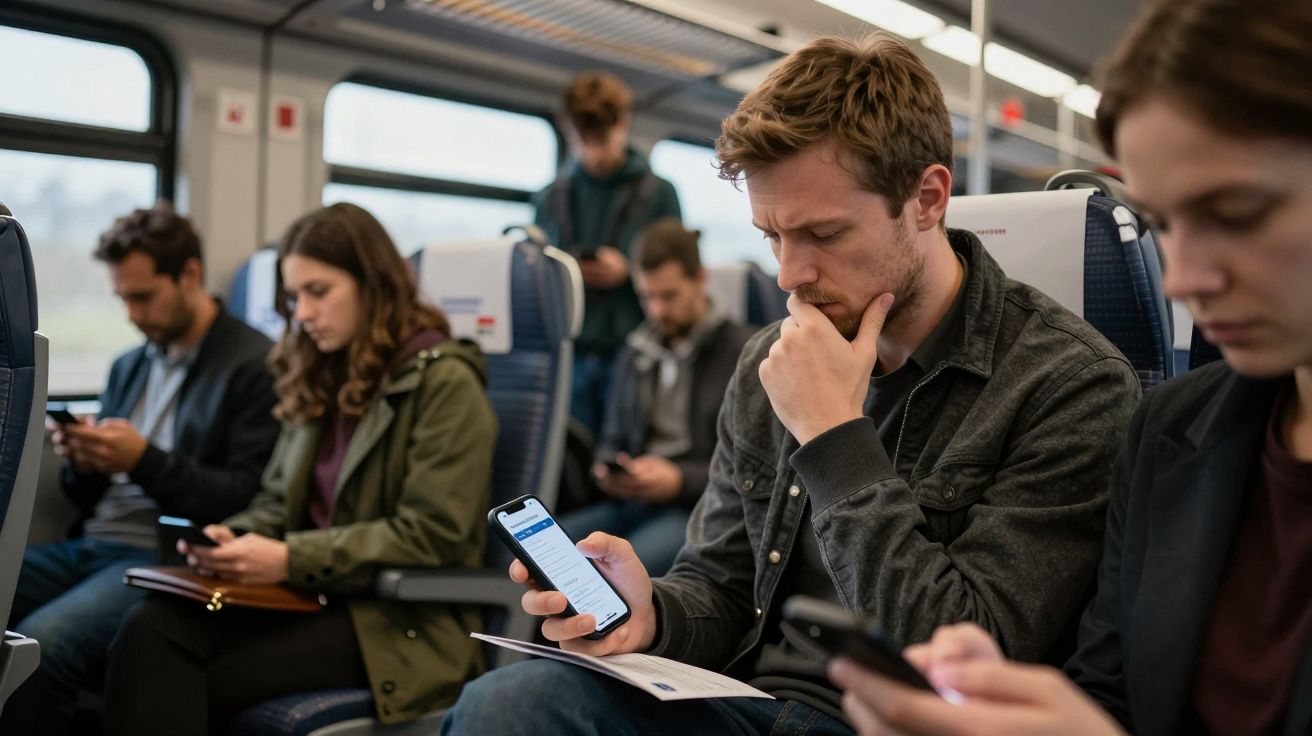 Passengers on a train, all focused on smartphones, creating an atmosphere of quiet concentration and digital engagement.