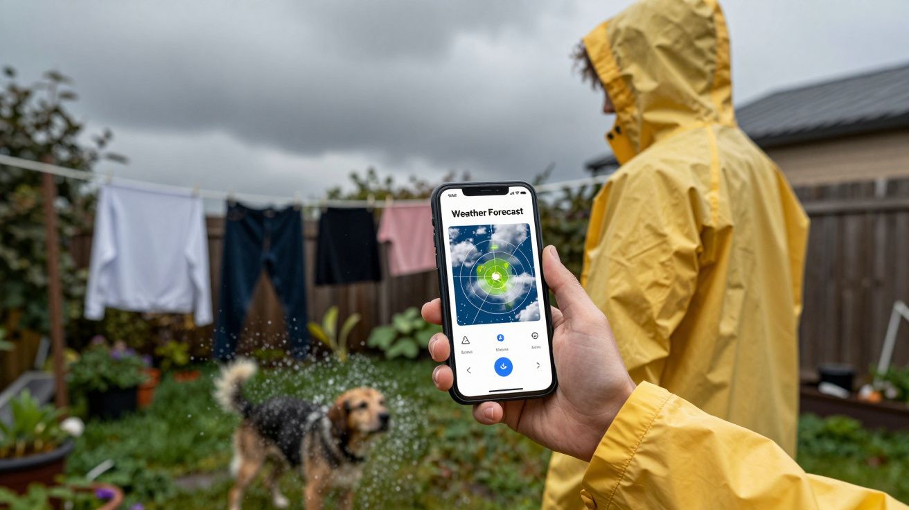 Person in yellow raincoat holds a phone with weather app; dog in garden; overcast sky.