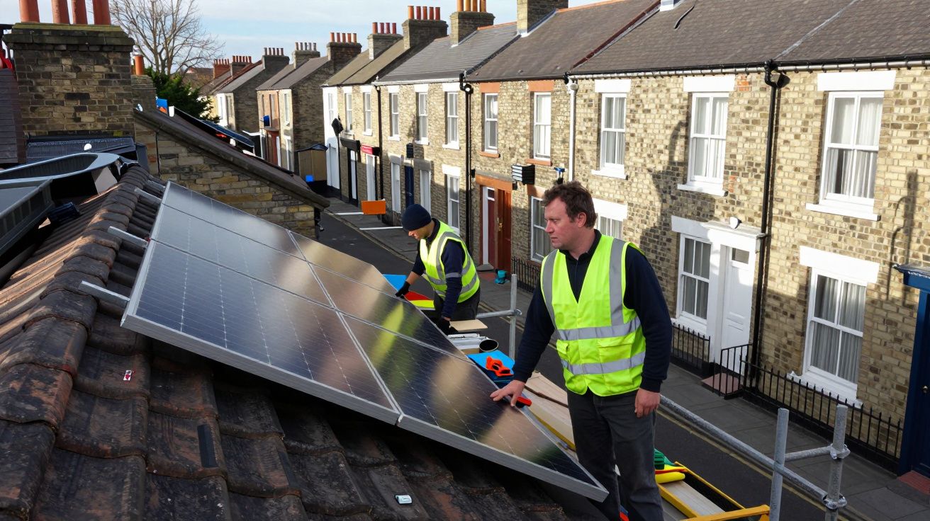 Workers in high-visibility vests install solar panels on a terraced house roof in a residential UK neighbourhood.