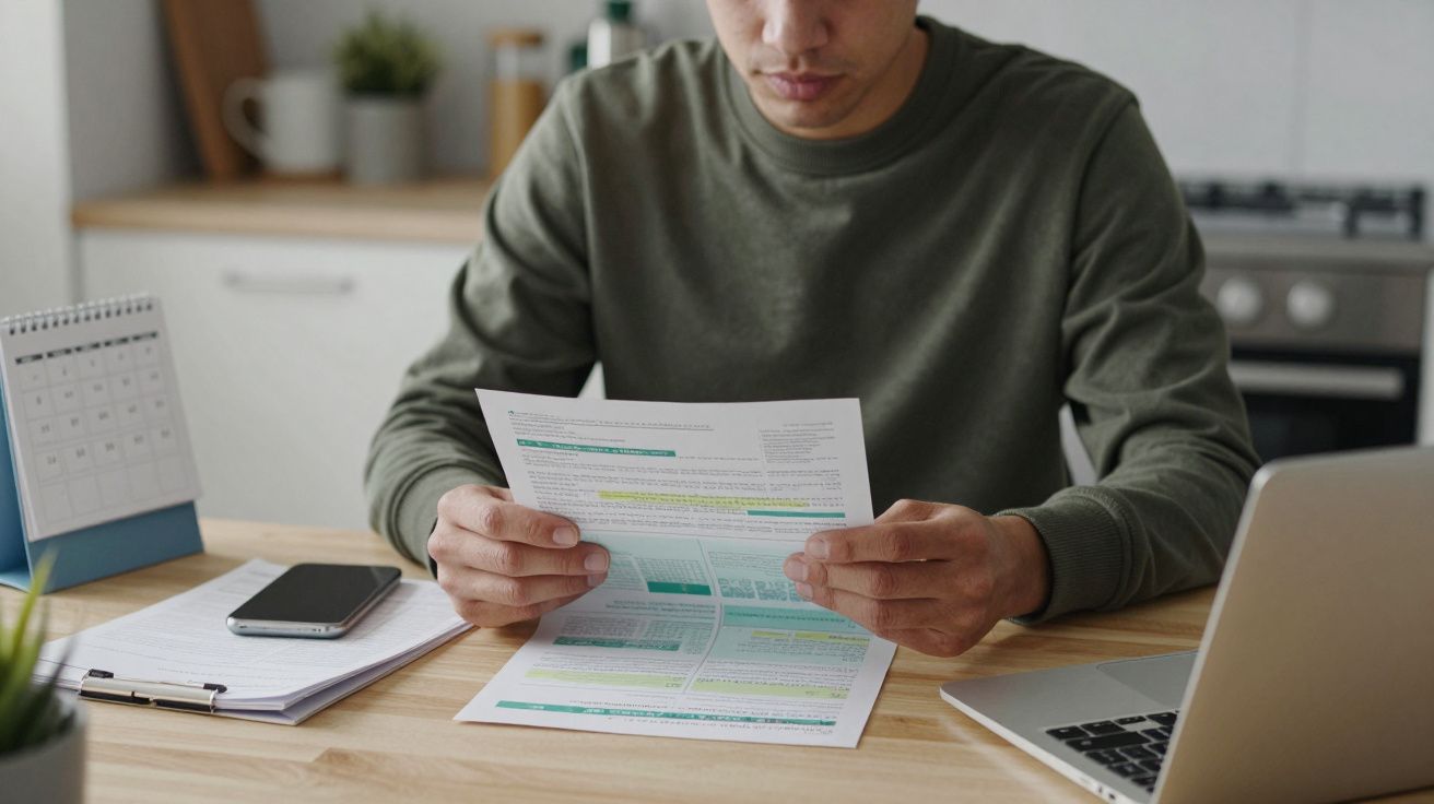 Person reading a document at a wooden table with a laptop, phone, and calendar nearby in a kitchen setting.