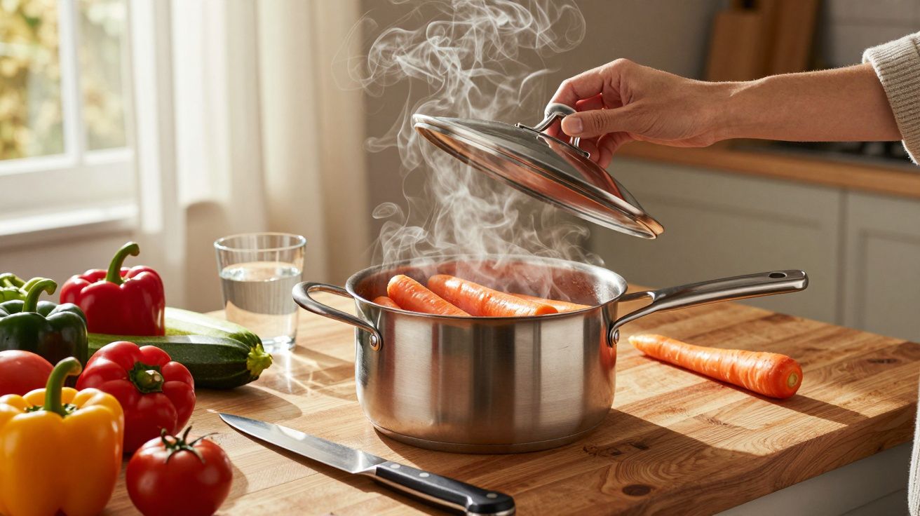 Hand lifting lid off steaming pot of carrots on kitchen counter with assorted vegetables and knife.