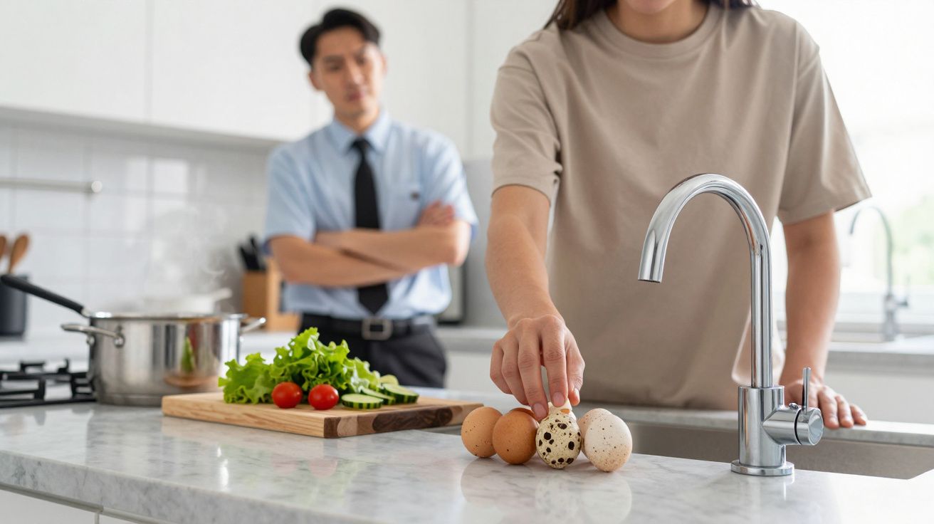 Two people in a kitchen; one reaches for eggs, the other watches. Vegetables and a pot are on the counter.