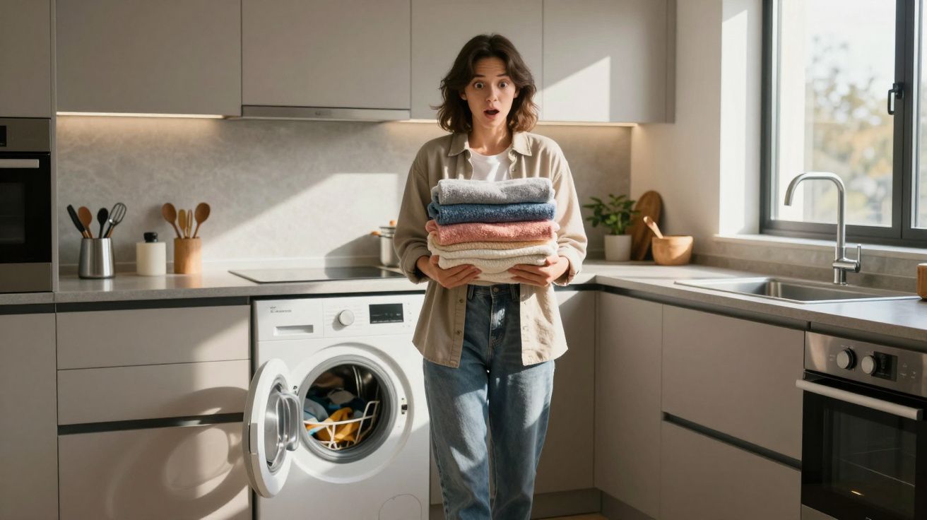 Woman holding folded laundry in a modern kitchen, looking surprised; open washing machine in the background.