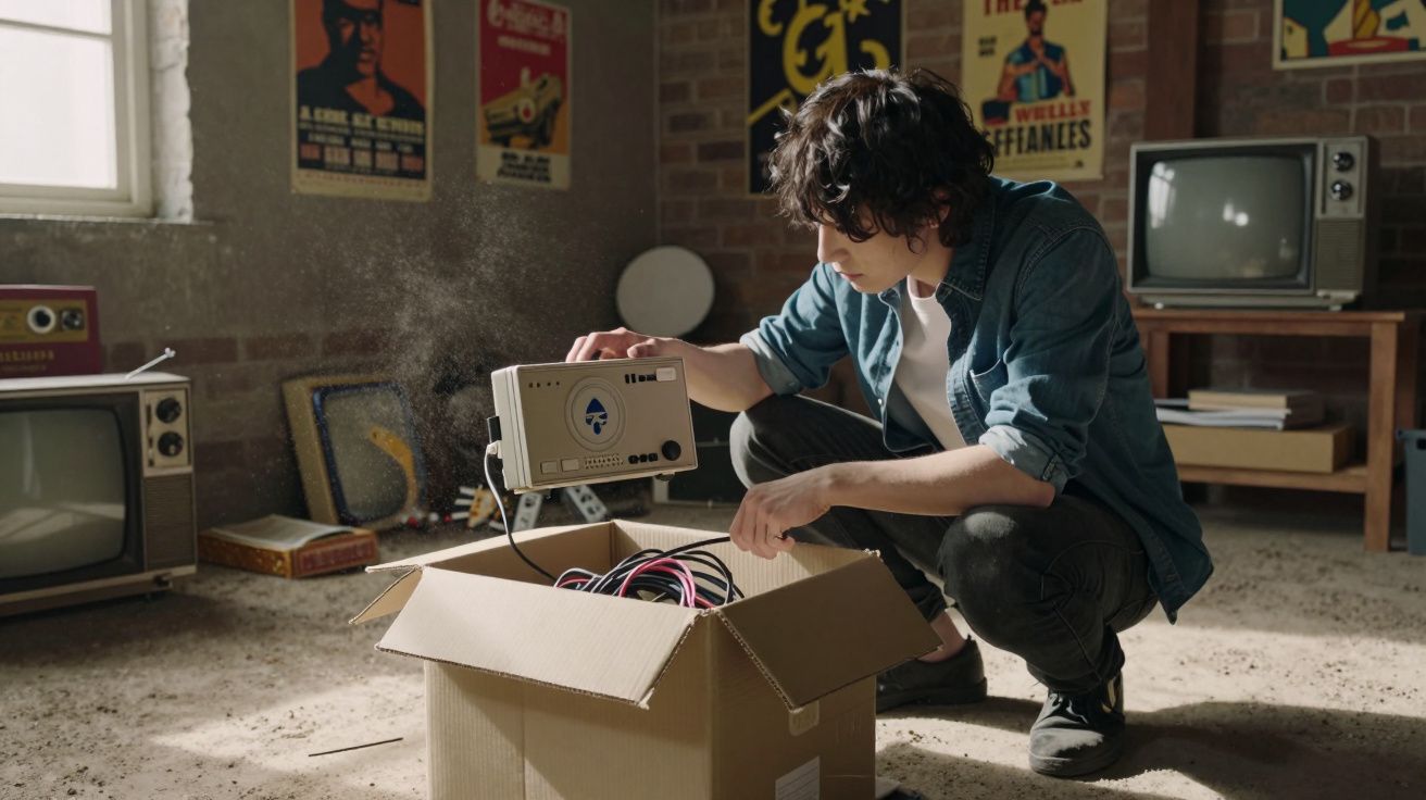 A person examines a vintage electronic device in a cardboard box, with retro TVs and posters in a dimly lit room.