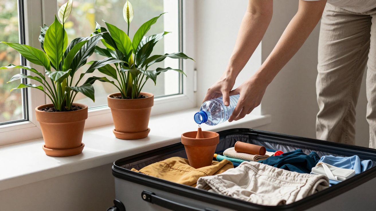 A person packing clothes in a suitcase, pouring water from a bottle into a small pot next to potted plants on a windowsill.