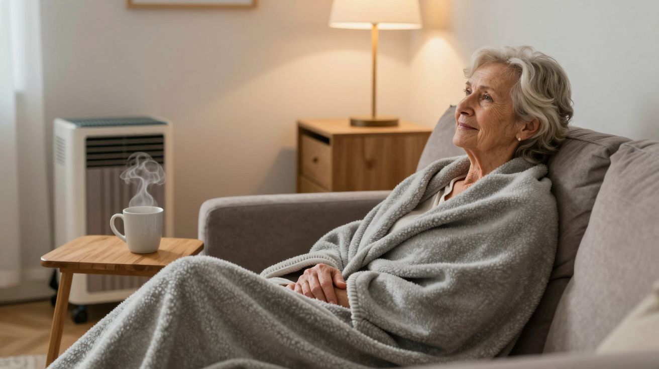 Elderly woman wrapped in blanket on a sofa, looking content, with a steaming mug on a small table beside her.
