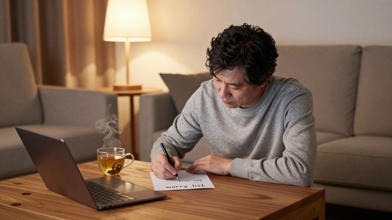 Man writing a "worry list" at a wooden table, with a laptop and a cup of tea, in a cosy living room setting.