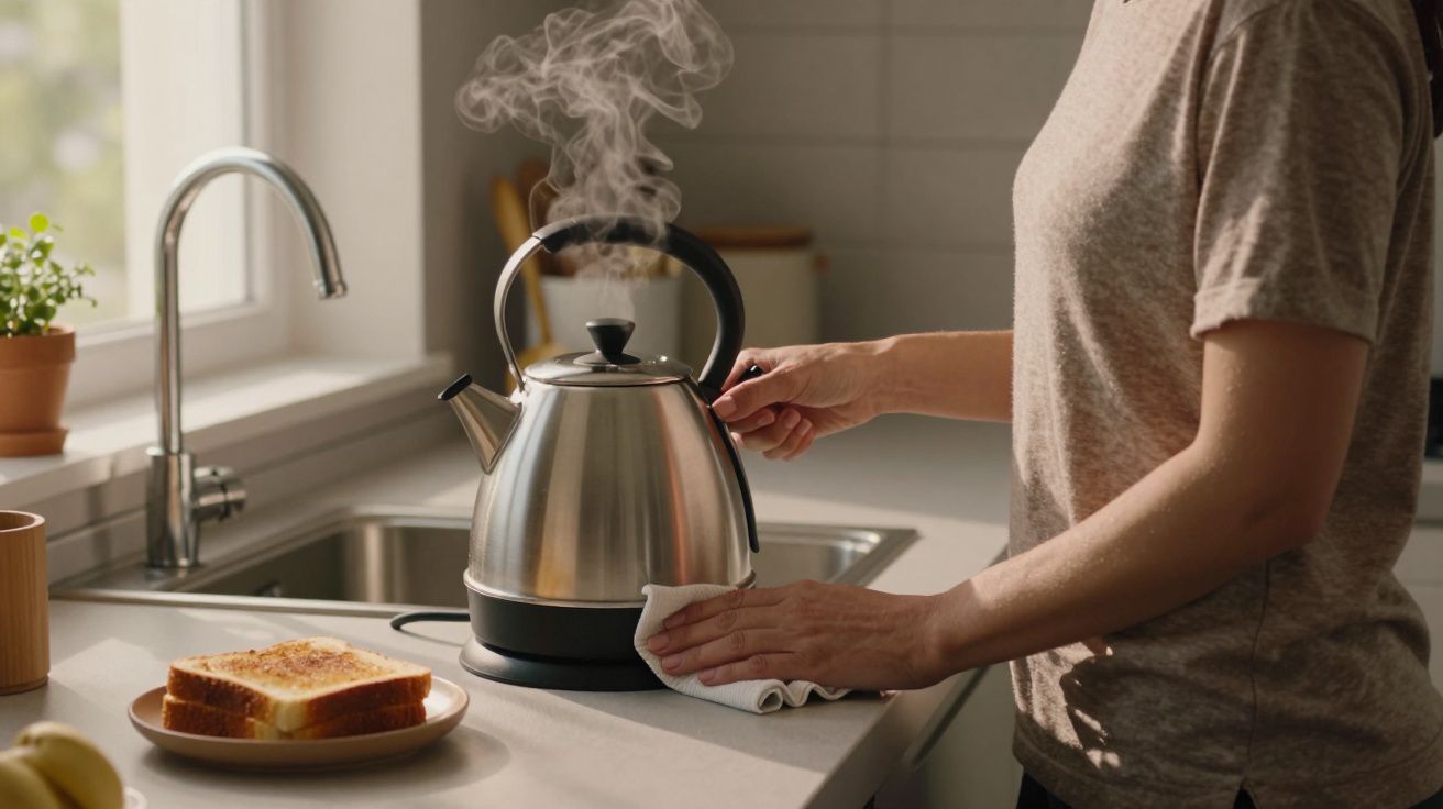 Person making tea with a steaming kettle in a sunlit kitchen, next to toast on a plate by the sink.