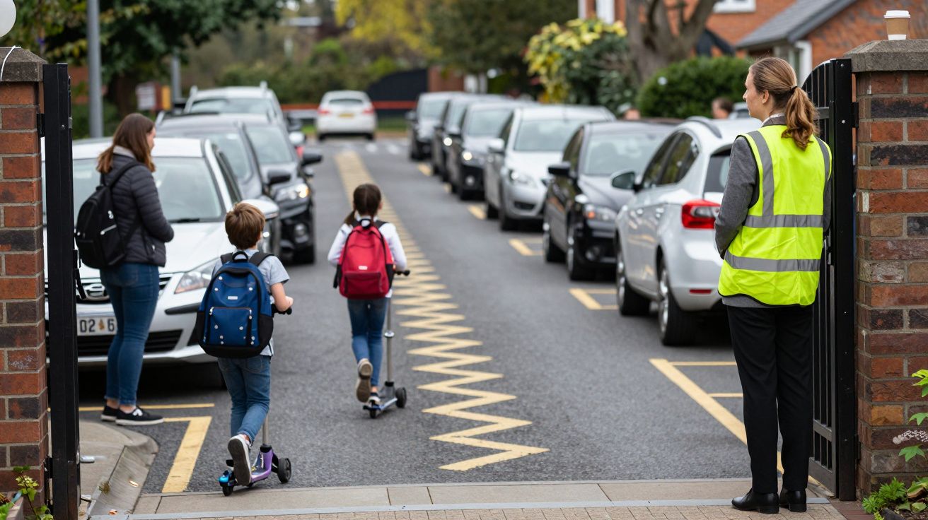 Children with scooters and backpacks head to school along a road, supervised by an adult in a high-visibility vest.