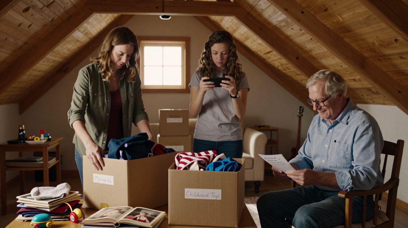 Family sorting memorabilia in attic, woman folding clothes, teen taking photos, elderly man reading a paper.