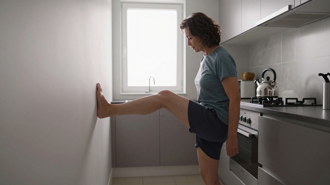 Woman stretching leg against a kitchen wall, wearing a grey shirt and shorts.