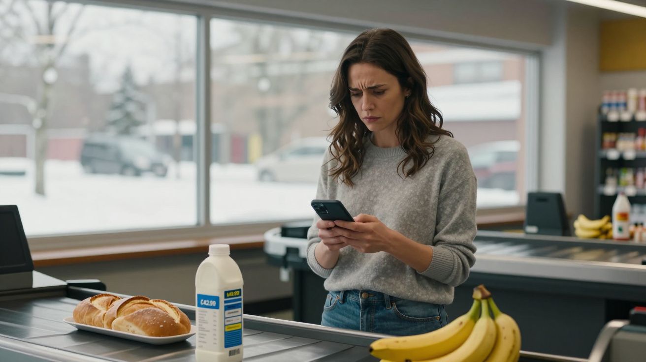 Woman frowning at phone in supermarket, with bread, bananas, and milk on checkout counter.