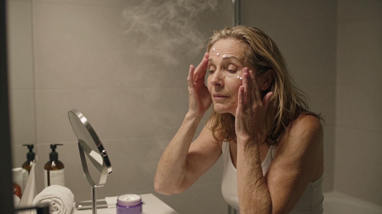 Woman in a bathroom applying face cream, steam rising, with reflective mirror and skincare products nearby.