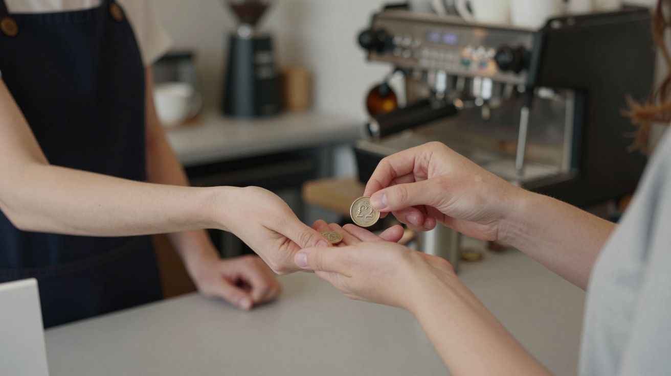Person handing a pound coin to a barista at a coffee shop counter with an espresso machine in the background.