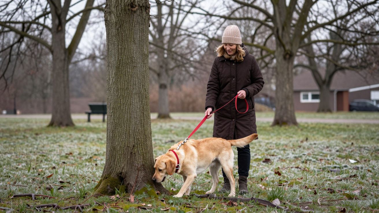 Woman in a winter coat walking a Labrador on a lead in a frosty park.