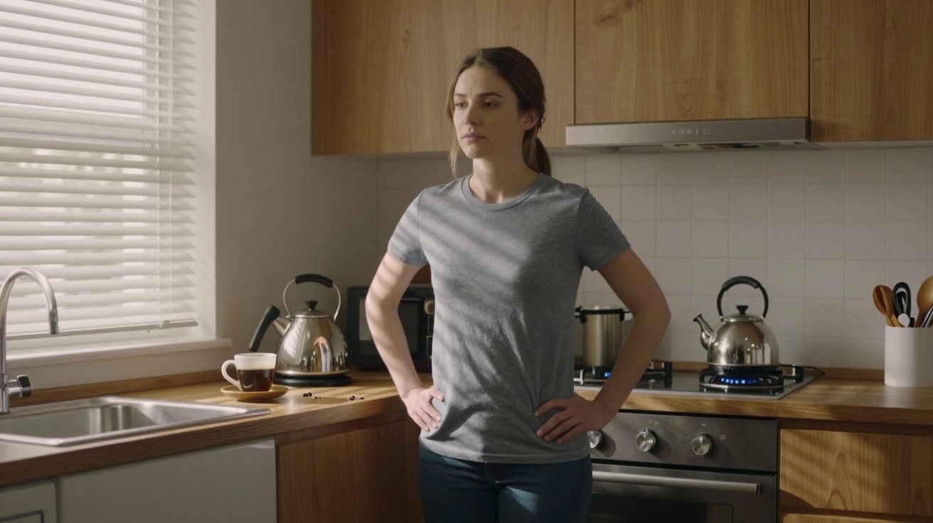 Woman stands in a kitchen, hands on hips, with sunlight streaming through blinds, kettles on the stove.