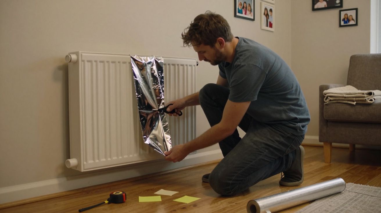 Man installing foil behind a radiator in a living room while kneeling on the floor.
