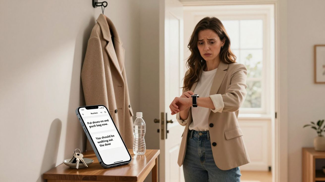 Woman in beige blazer checking smartwatch, standing by a table with phone, keys, bottle, and coat hanging on wall.