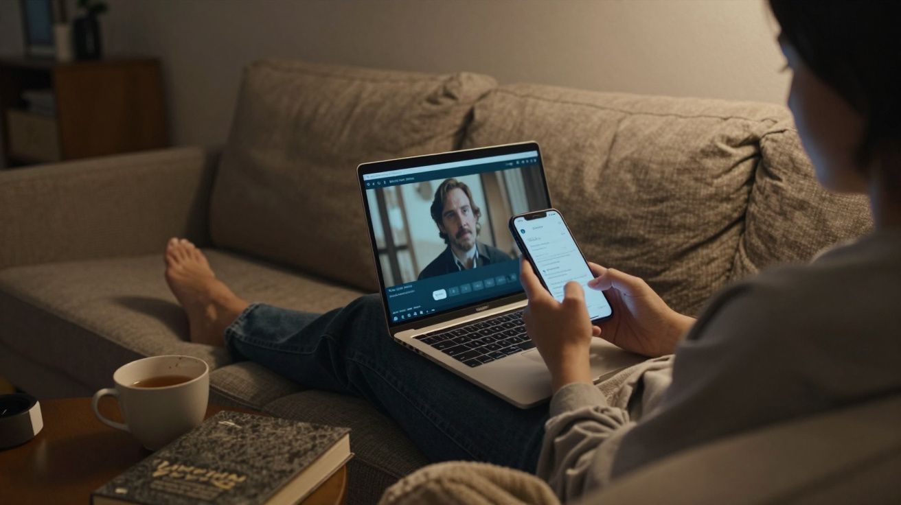 Person watching a film on a laptop while using a smartphone, sitting barefoot on a sofa, with a mug and book nearby.