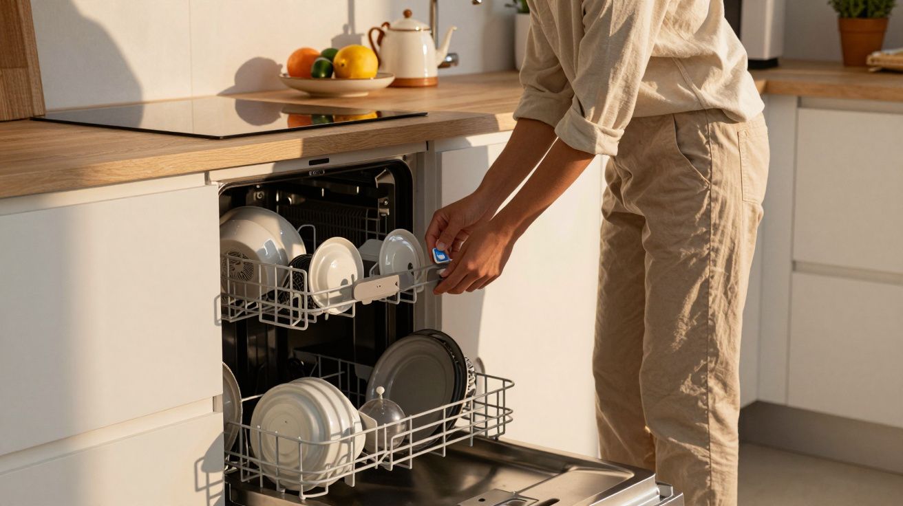 Person loading dishes into a dishwasher in a modern kitchen with wooden countertops and fruit baskets.